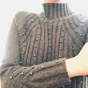 Ribbed Mock Neck Sweater with Beads